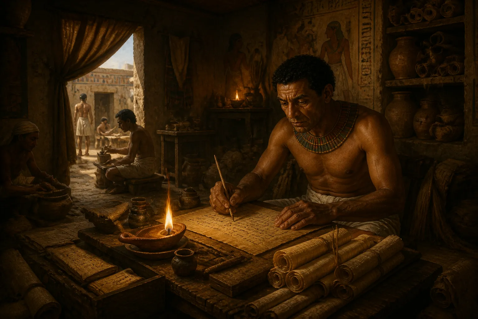 Back at Deir el-Medina, Amennakht the scribe sits in his modest chamber, where the flicker of an oil lamp illuminates his focused expression. Back at Deir el-Medina, Amennakht the scribe sits in his modest chamber, where the flicker of an oil lamp illuminates his focused expression.