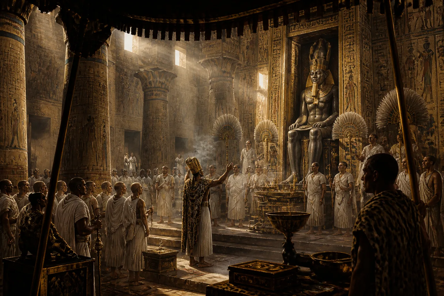In the sacred hall of Karnak, the air is thick with the scent of incense, a fragrant offering to the divine. Majestically tall columns rise like ancient stone… In the sacred hall of Karnak, the air is thick with the scent of incense, a fragrant offering to the divine. Majestically tall columns rise like ancient stone…