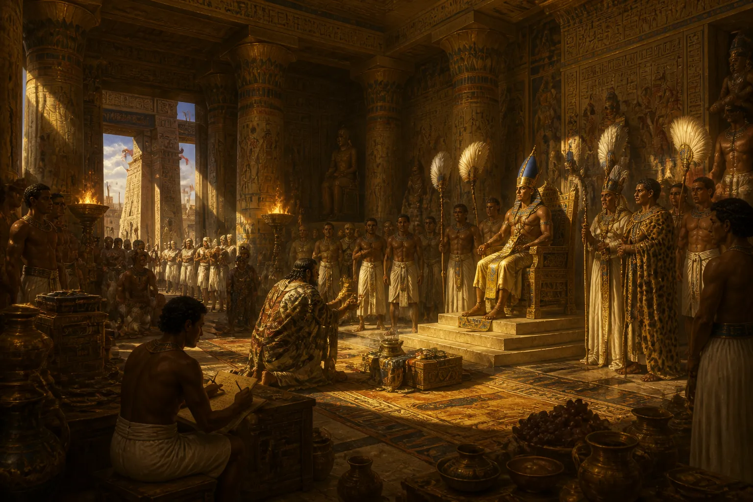 In the opulent throne room of Pi-Ramesses, Ramesses III deliberates with his council amidst the splendor that befits a pharaoh. In the opulent throne room of Pi-Ramesses, Ramesses III deliberates with his council amidst the splendor that befits a pharaoh.