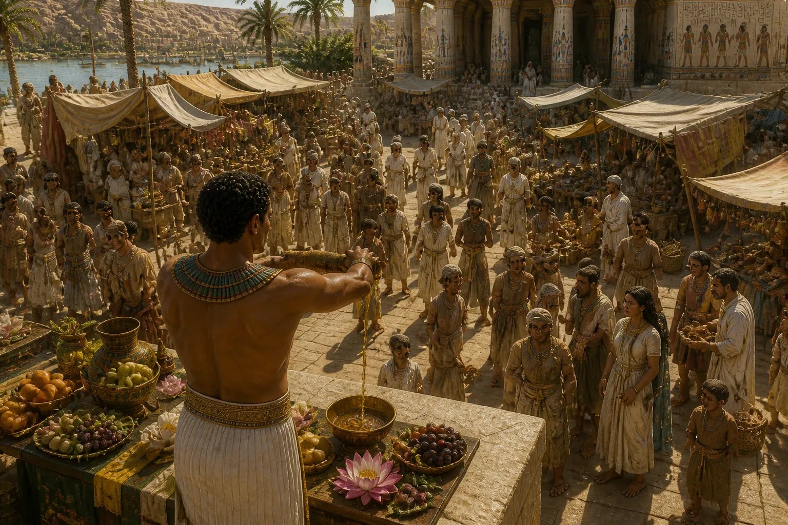 In the bustling marketplace of Thebes, the news spreads like wildfire, a decree from the pharaoh himself: the workers' wages are to be restored. In the bustling marketplace of Thebes, the news spreads like wildfire, a decree from the pharaoh himself: the workers' wages are to be restored.