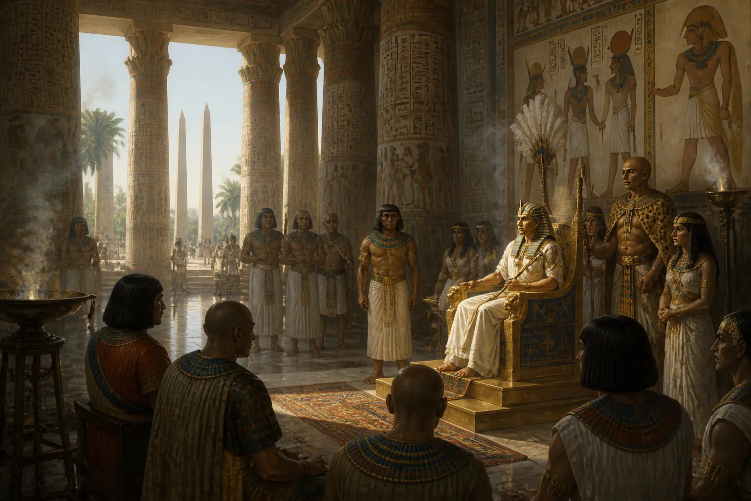 Im Schatten der majestätischen Säulen von Karnak hörte Königin Hatschepsut aufmerksam dem düsteren Bericht des Aufsehers zu. Im Schatten der majestätischen Säulen von Karnak hörte Königin Hatschepsut aufmerksam dem düsteren Bericht des Aufsehers zu.