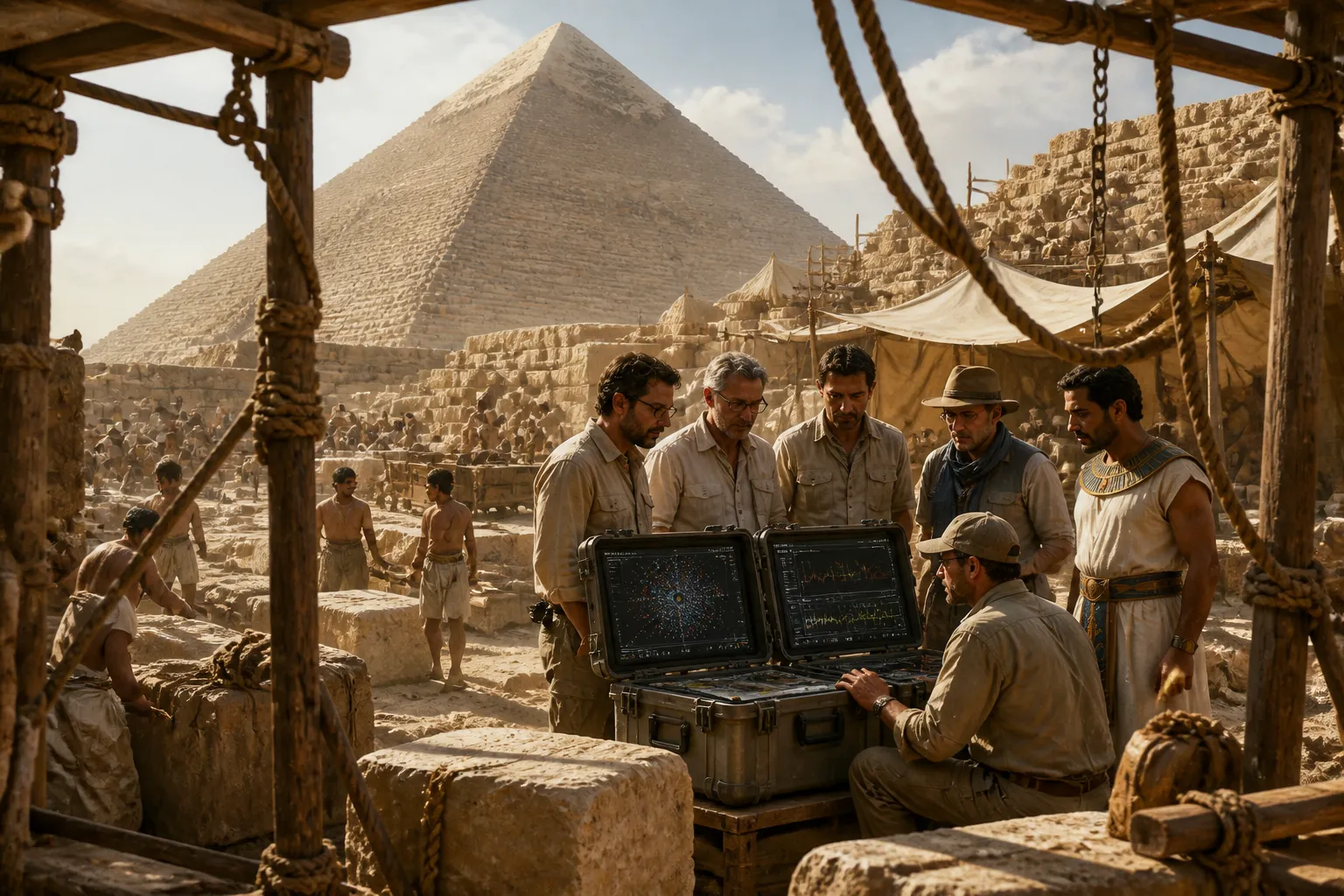 Im Schatten der Großen Pyramide versammelt sich ein Team von Wissenschaftlern unter einem glühenden Himmel, der das flüssige Gold der Wüstensonne widerspiegelt. Im Schatten der Großen Pyramide versammelt sich ein Team von Wissenschaftlern unter einem glühenden Himmel, der das flüssige Gold der Wüstensonne widerspiegelt.