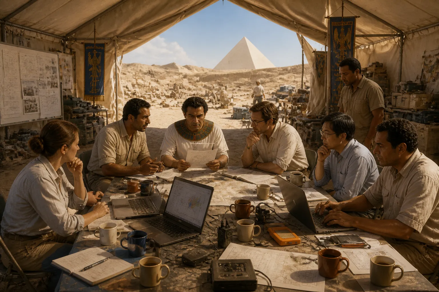 In einem provisorischen Labor, das inmitten der ewigen Sande nahe der Pyramide errichtet wurde, vertiefen sich Wissenschaftler in ihre Ergebnisse mit einem… In einem provisorischen Labor, das inmitten der ewigen Sande nahe der Pyramide errichtet wurde, vertiefen sich Wissenschaftler in ihre Ergebnisse mit einem…