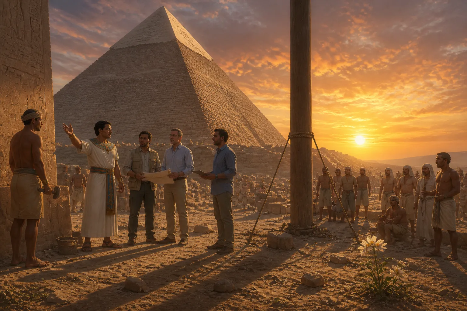 Als die Dämmerung über das Gizeh-Plateau hereinbricht, versammelt sich eine Gruppe von Ingenieuren und Inspektoren am Fuße der Großen Pyramide zu einem… Als die Dämmerung über das Gizeh-Plateau hereinbricht, versammelt sich eine Gruppe von Ingenieuren und Inspektoren am Fuße der Großen Pyramide zu einem…