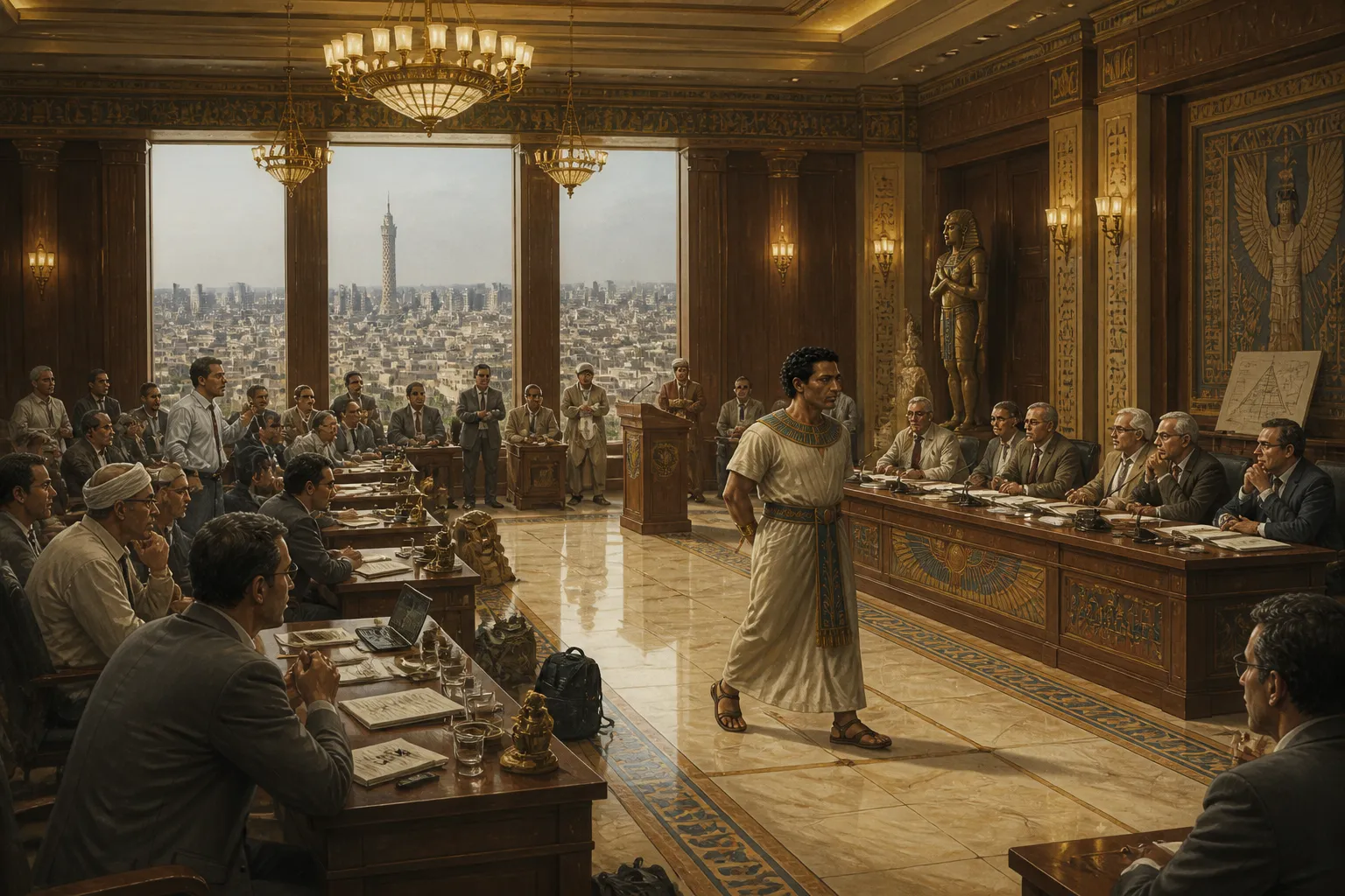 Im großen Konferenzsaal in Kairo, unter den kunstvollen Kronleuchtern und umgeben von der aufwendigen Holzvertäfelung, die von Ägyptens reicher Geschichte… Im großen Konferenzsaal in Kairo, unter den kunstvollen Kronleuchtern und umgeben von der aufwendigen Holzvertäfelung, die von Ägyptens reicher Geschichte…