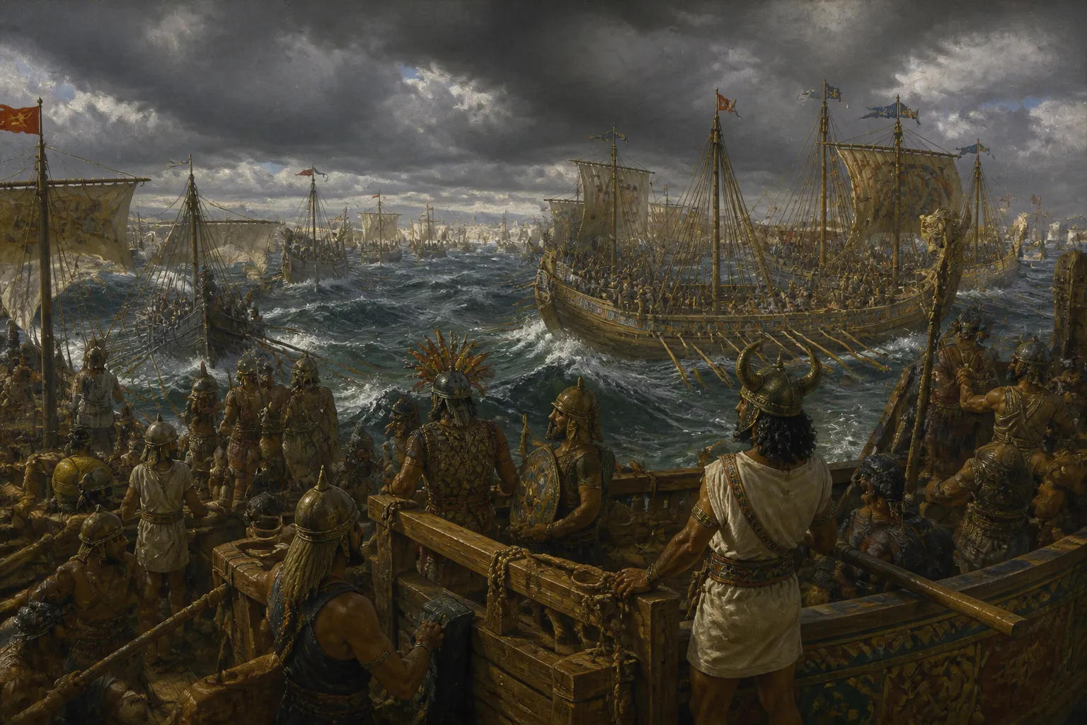 Jenseits der aufgewühlten Gewässer des Mittelmeers taucht der Anblick der Seevölker wie ein Sturm am Horizont auf. Ihre Schiffe, eine Armada für den Krieg… Jenseits der aufgewühlten Gewässer des Mittelmeers taucht der Anblick der Seevölker wie ein Sturm am Horizont auf. Ihre Schiffe, eine Armada für den Krieg…