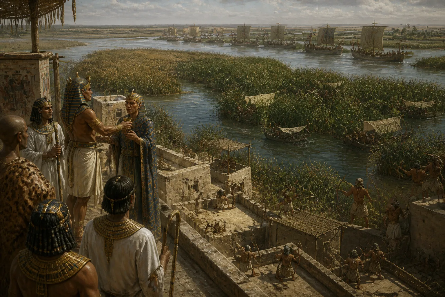 Die Armada der Seevölker segelt in die labyrinthartigen Gewässer des Nildeltas, ihr Vertrauen unerschüttert durch die Ruhe der Umarmung des Flusses. Die Armada der Seevölker segelt in die labyrinthartigen Gewässer des Nildeltas, ihr Vertrauen unerschüttert durch die Ruhe der Umarmung des Flusses.