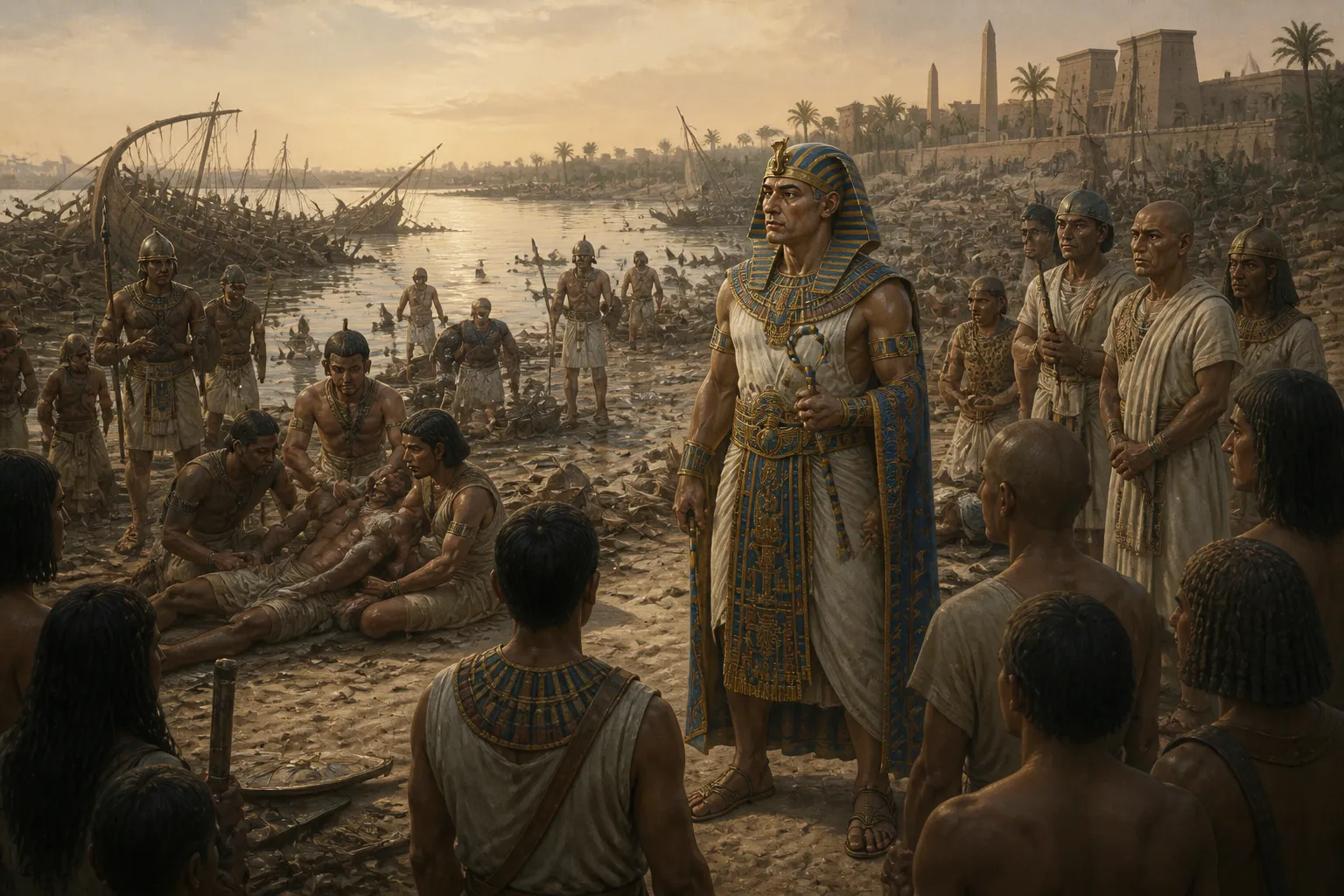 Mit dem gewonnenen Kampf senkt sich eine ruhige Stille über das Nildelta, ein scharfer Kontrast zum früheren Chaos. Ramesses III steht inmitten der Überreste… Mit dem gewonnenen Kampf senkt sich eine ruhige Stille über das Nildelta, ein scharfer Kontrast zum früheren Chaos. Ramesses III steht inmitten der Überreste…