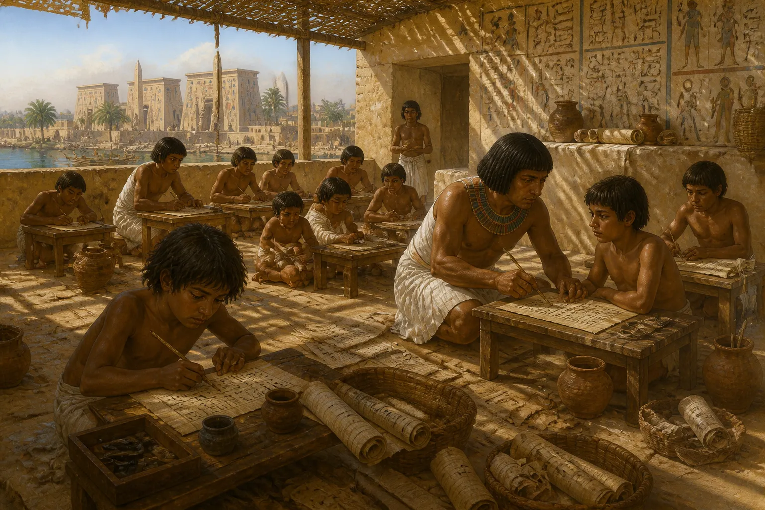Within the bustling scribe school, apprentices learned the sacred art of hieratic writing. Under the watchful eyes of master scribes, these young learners, some… Within the bustling scribe school, apprentices learned the sacred art of hieratic writing. Under the watchful eyes of master scribes, these young learners, some…