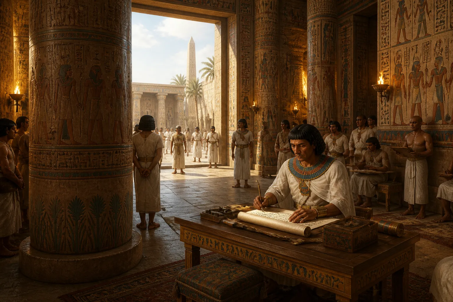 In the opulent halls of Karnak Temple, a high scribe stood as the conduit through which the pharaoh’s decrees were made known to the world. In the opulent halls of Karnak Temple, a high scribe stood as the conduit through which the pharaoh’s decrees were made known to the world.
