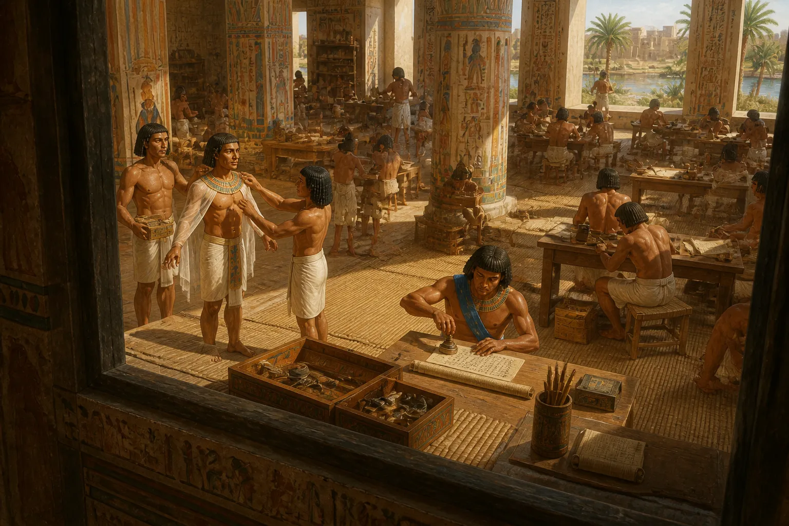 In the grand royal chancelleries of Thebes, a meticulous process unfolded as scribes, clad in crisp linen robes and adorned with distinctive blue sashes… In the grand royal chancelleries of Thebes, a meticulous process unfolded as scribes, clad in crisp linen robes and adorned with distinctive blue sashes…