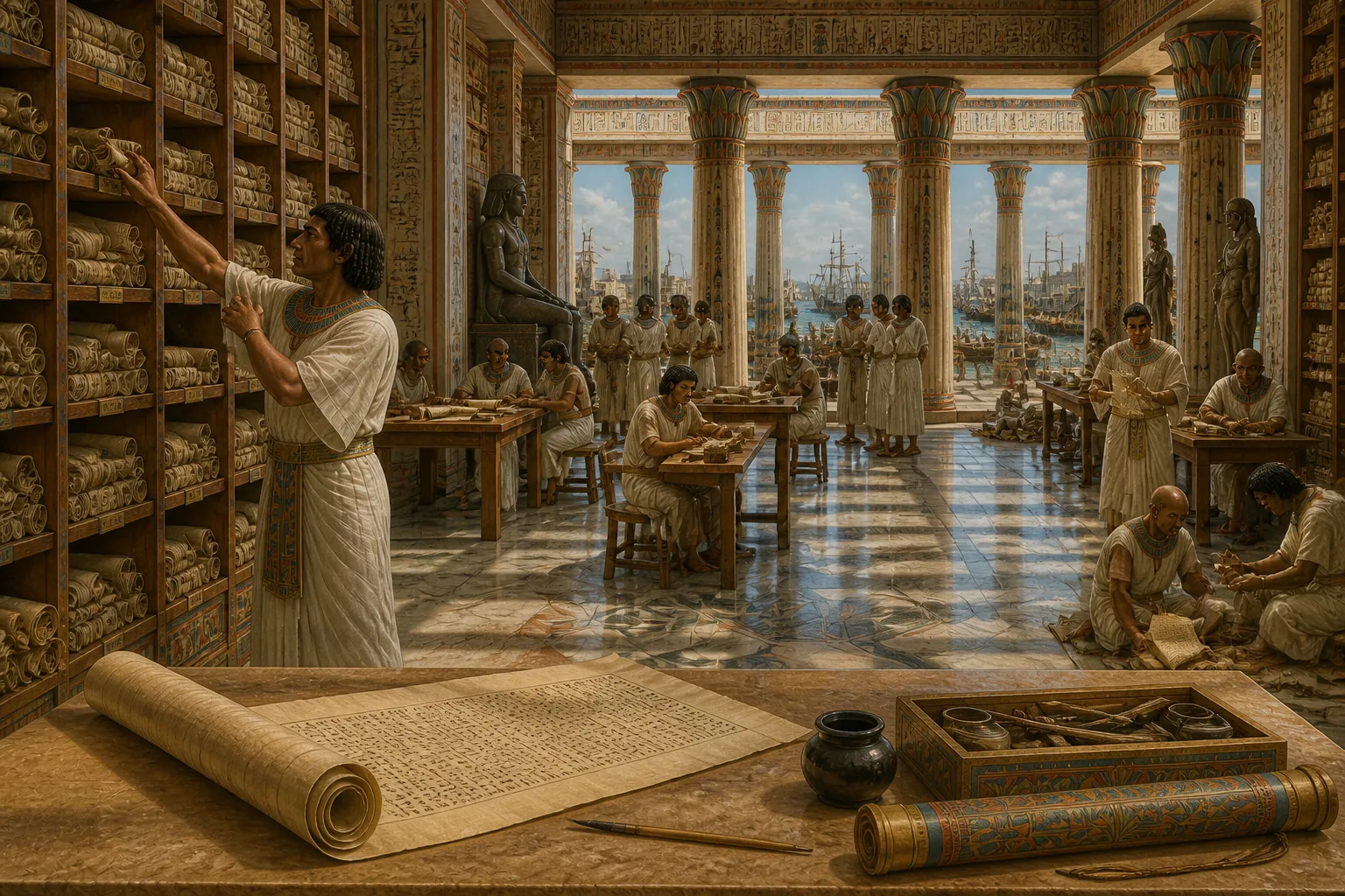 Within the revered walls of the Alexandria Library, a hub of intellectual activity thrived as scribes and scholars collaborated to preserve the vast expanse of… Within the revered walls of the Alexandria Library, a hub of intellectual activity thrived as scribes and scholars collaborated to preserve the vast expanse of…