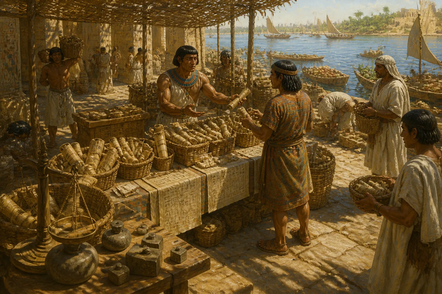 In the vibrant, bustling markets of Elephantine, papyrus merchants thrived amidst a cacophony of voices and the rich aroma of spices. In the vibrant, bustling markets of Elephantine, papyrus merchants thrived amidst a cacophony of voices and the rich aroma of spices.