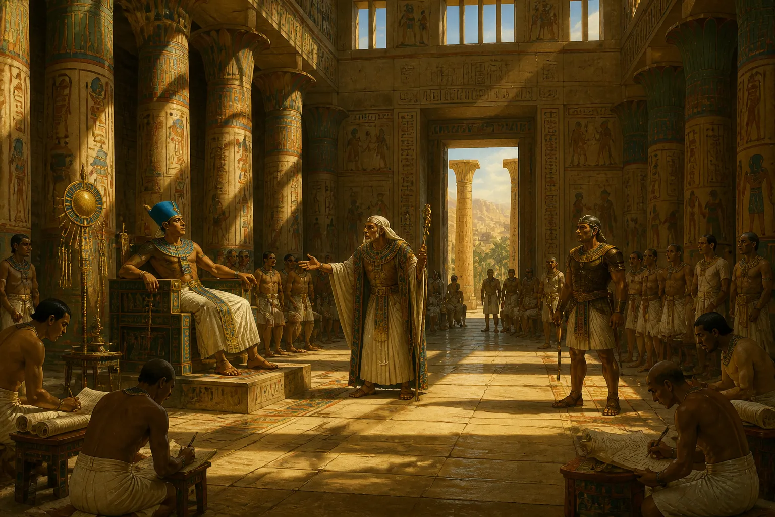 In the grand throne hall, Akhenaten gathered his most trusted officials. Ay, his advisor, and Horemheb, the formidable general, discussed the empire's affairs. In the grand throne hall, Akhenaten gathered his most trusted officials. Ay, his advisor, and Horemheb, the formidable general, discussed the empire's affairs.