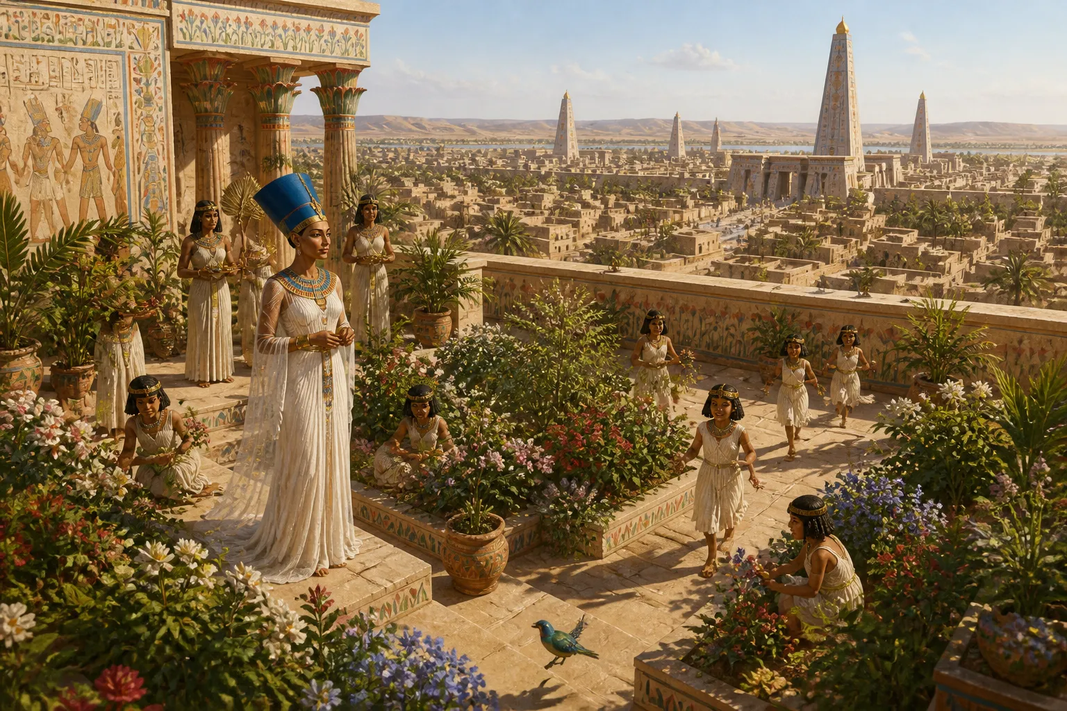Queen Nefertiti, Akhenaten's chief wife, stood resolutely in the gardens of Akhetaten, her presence as striking and commanding as the sun's warm glow cascading… Queen Nefertiti, Akhenaten's chief wife, stood resolutely in the gardens of Akhetaten, her presence as striking and commanding as the sun's warm glow cascading…
