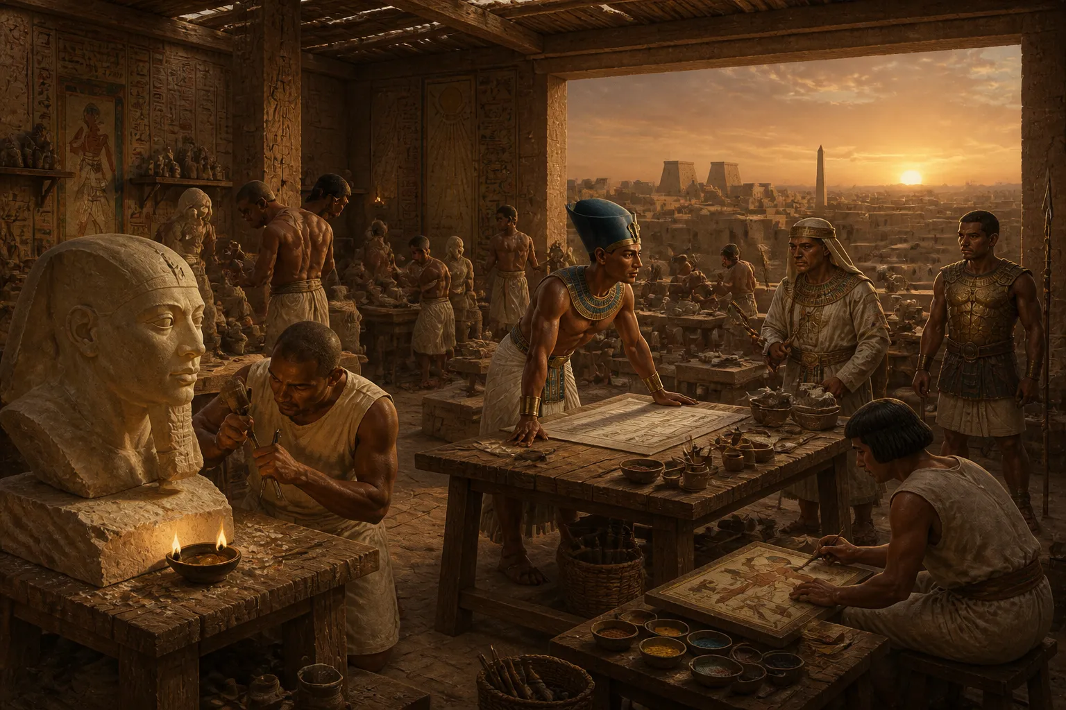Within the heart of Akhetaten, the air was filled with the rhythmic sounds of chisels against stone and the soft rustle of brushes on plaster. Within the heart of Akhetaten, the air was filled with the rhythmic sounds of chisels against stone and the soft rustle of brushes on plaster.