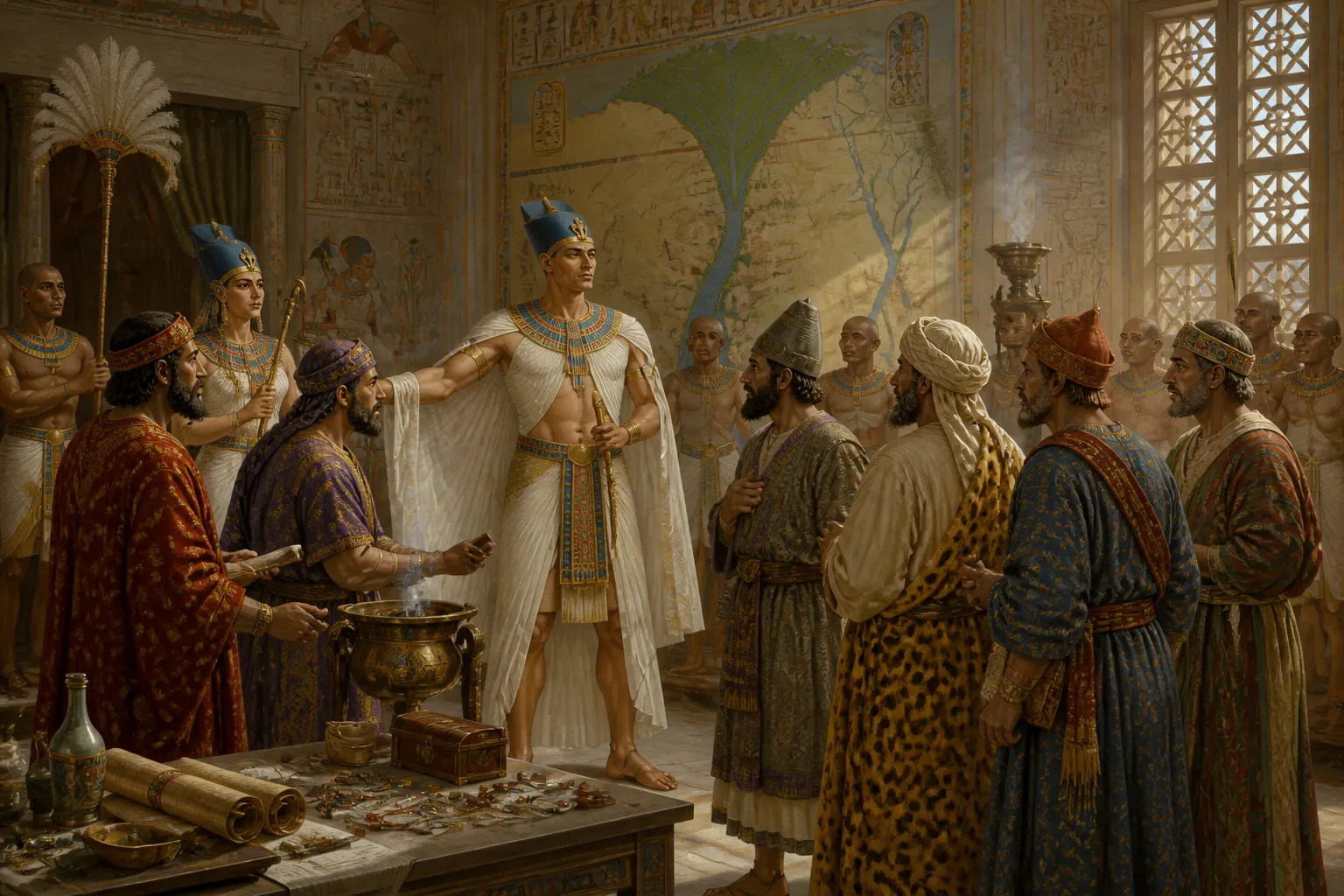 In the understated yet richly adorned diplomatic chamber of Akhetaten, representatives from various territories gathered at Akhenaten's invitation. In the understated yet richly adorned diplomatic chamber of Akhetaten, representatives from various territories gathered at Akhenaten's invitation.