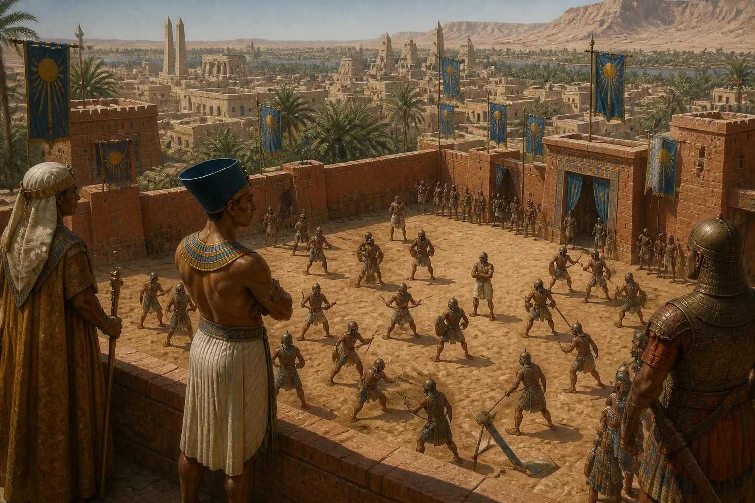 Amidst the resonant terracotta confines of the bustling garrison courtyard in Akhetaten, the empire's chief military commander, an imposing figure of… Amidst the resonant terracotta confines of the bustling garrison courtyard in Akhetaten, the empire's chief military commander, an imposing figure of…