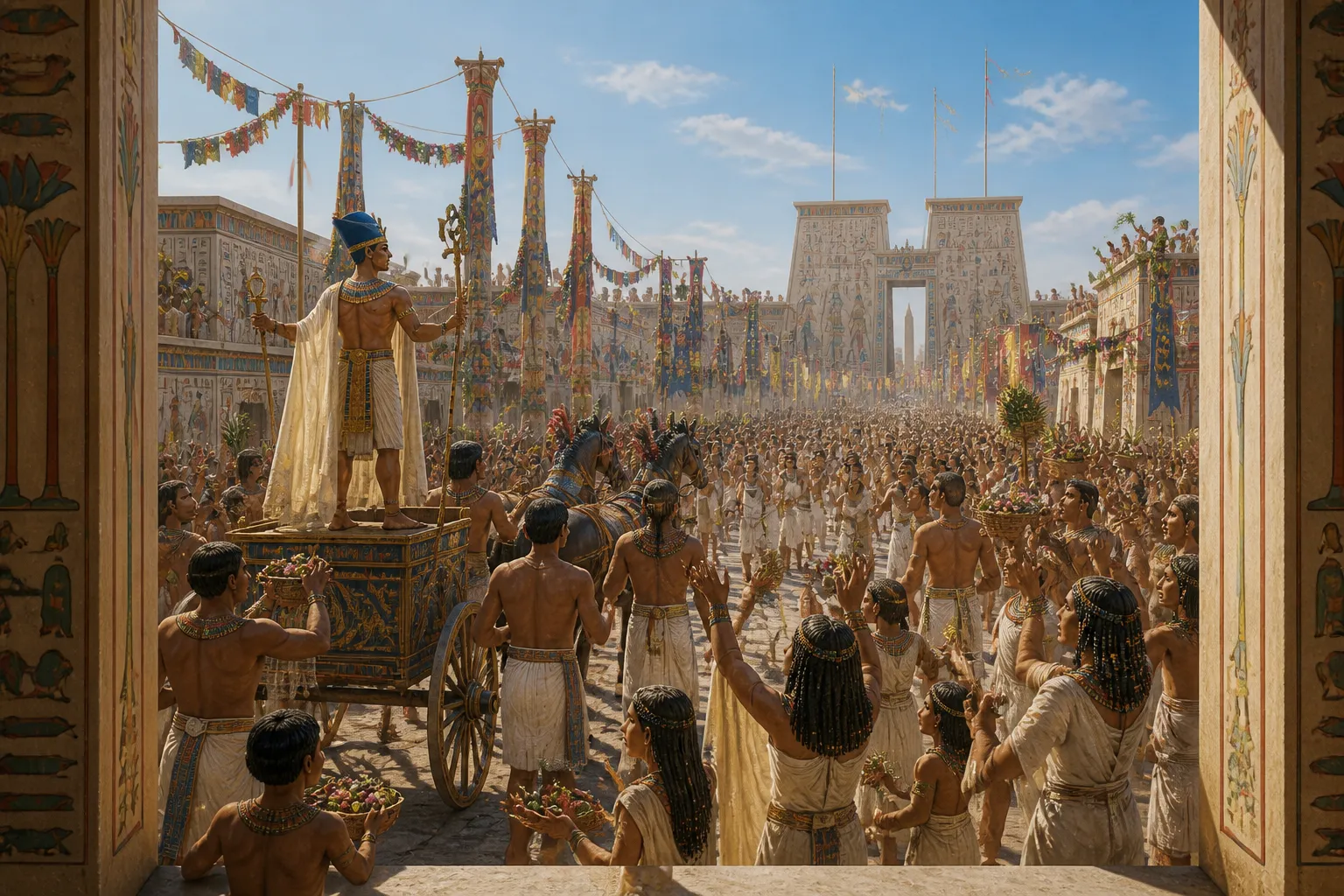 The Festival of Aten transformed the city of Akhetaten into a vibrant tapestry of colors and sounds. Streets were awash with decorations as citizens joined in… The Festival of Aten transformed the city of Akhetaten into a vibrant tapestry of colors and sounds. Streets were awash with decorations as citizens joined in…