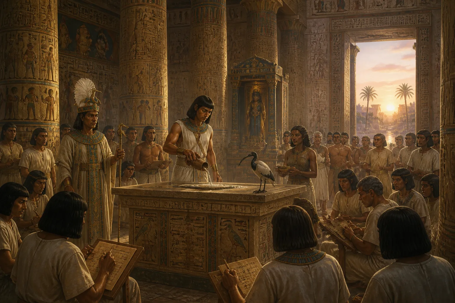 As dawn softly breaks over the sacred temple of Thoth, scribes assemble in a ritualistic act of devotion and solemnity. Each morning, they gather to perform the… As dawn softly breaks over the sacred temple of Thoth, scribes assemble in a ritualistic act of devotion and solemnity. Each morning, they gather to perform the…
