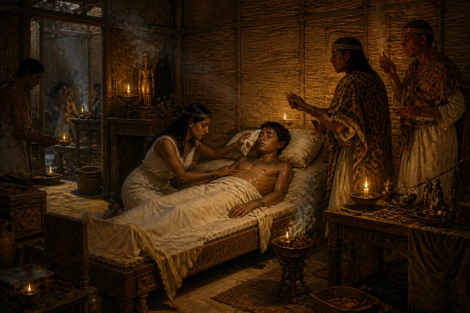 En la cámara privada de Tebas, Tutankhamun yace en una cama de juncos tejidos, su rostro pálido y perlado de sudor mientras las sombras juegan en las paredes. En la cámara privada de Tebas, Tutankhamun yace en una cama de juncos tejidos, su rostro pálido y perlado de sudor mientras las sombras juegan en las paredes.