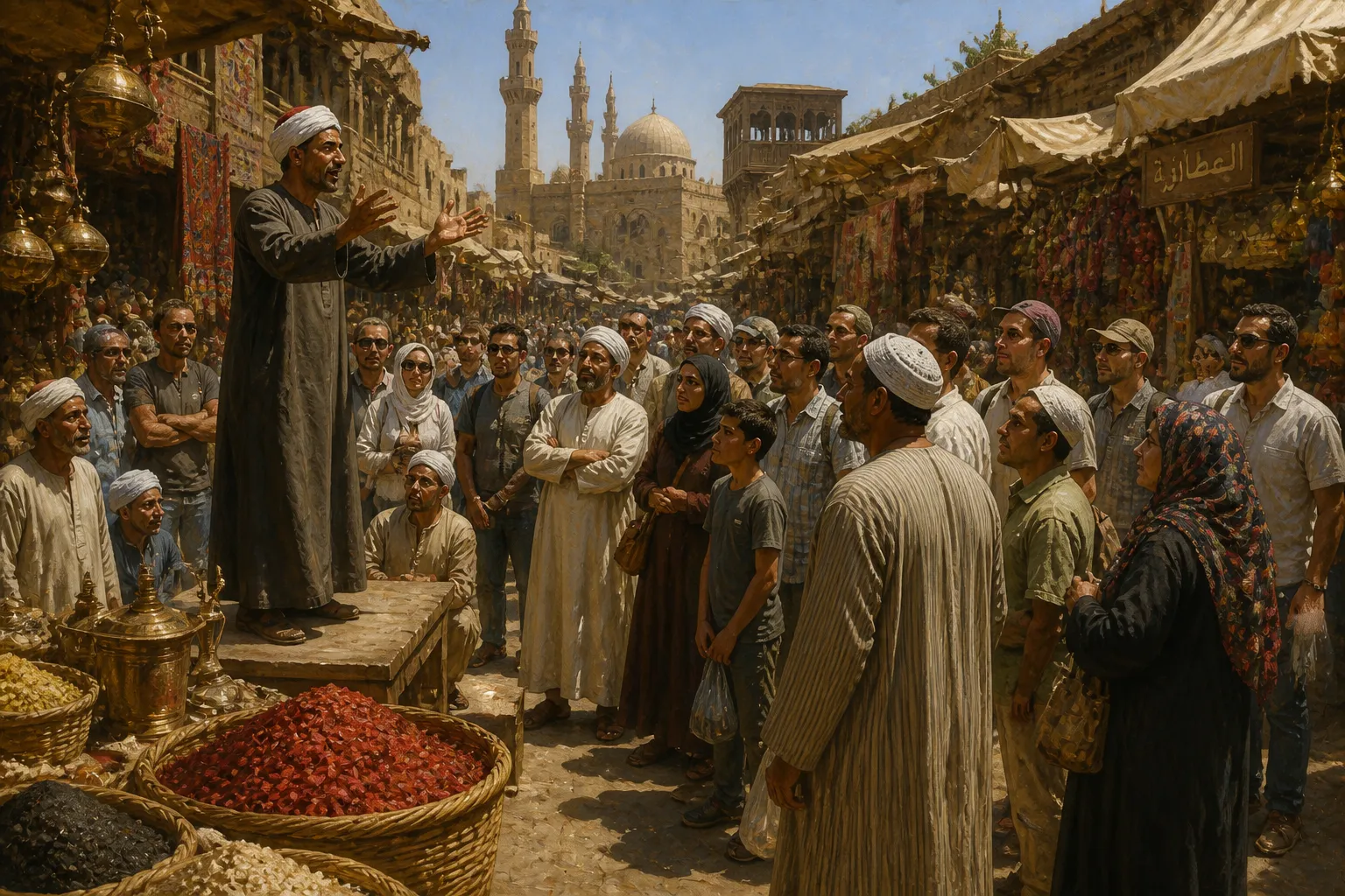 Los bulliciosos mercados de El Cairo cobran vida con energía vibrante, mientras los vendedores, rodeados de una variedad de productos coloridos—desde fragantes… Los bulliciosos mercados de El Cairo cobran vida con energía vibrante, mientras los vendedores, rodeados de una variedad de productos coloridos—desde fragantes…