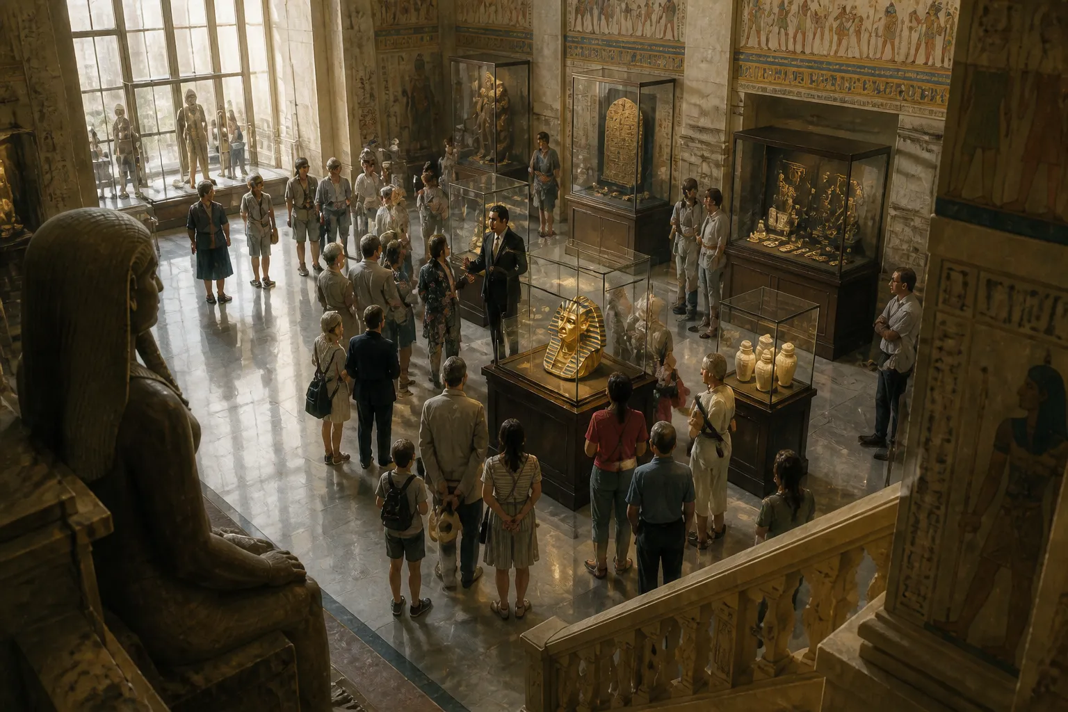 En una galería iluminada por el sol del Museo Británico, una exposición dedicada a Tutankhamun atrae multitudes de visitantes bajo un dosel de luz dorada. En una galería iluminada por el sol del Museo Británico, una exposición dedicada a Tutankhamun atrae multitudes de visitantes bajo un dosel de luz dorada.