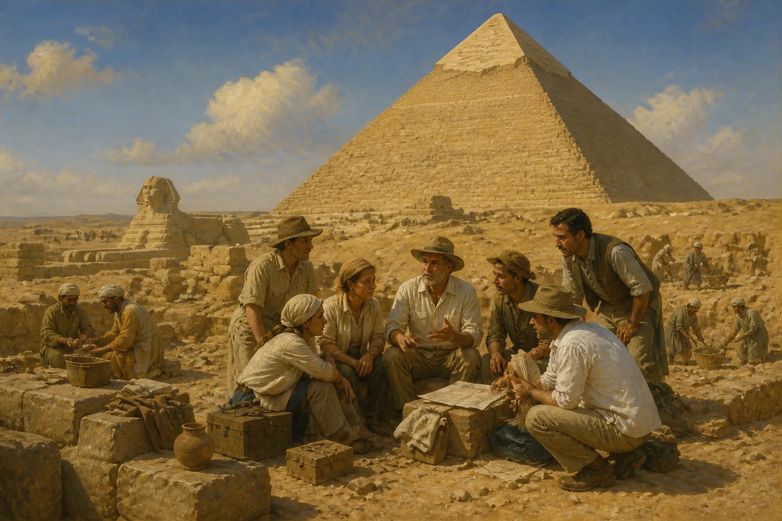 En la vasta sombra de la Gran Pirámide de Giza, se reúne una congregación de arqueólogos, sus voces mezclándose con los susurros del viento del desierto. En la vasta sombra de la Gran Pirámide de Giza, se reúne una congregación de arqueólogos, sus voces mezclándose con los susurros del viento del desierto.