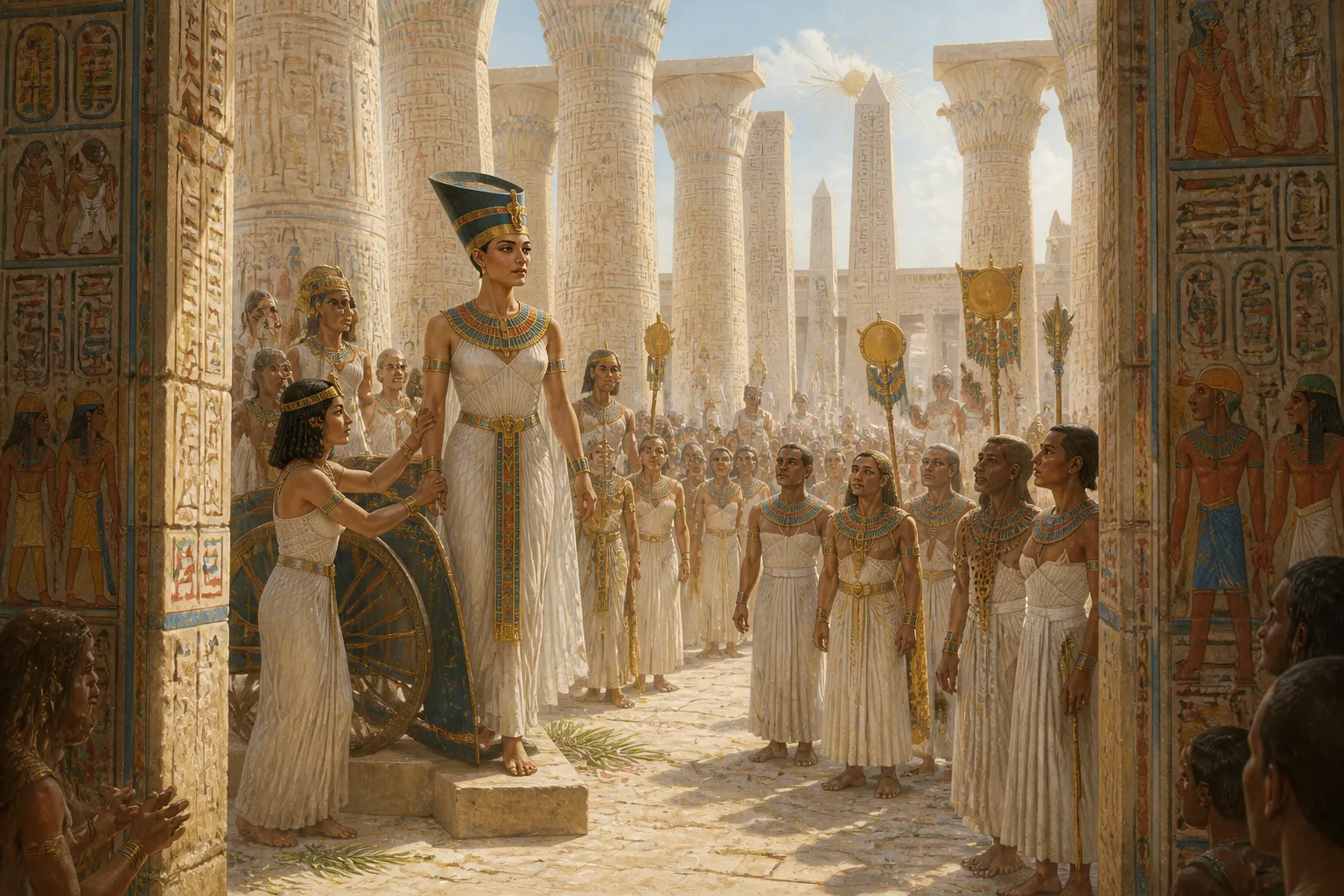 Nel cuore di Akhetaten, tra grandi pilastri che si protendono verso il sole, si erge la regina Nefertiti. Il vasto cortile del Grande Tempio di Aten è vivo di… Nel cuore di Akhetaten, tra grandi pilastri che si protendono verso il sole, si erge la regina Nefertiti. Il vasto cortile del Grande Tempio di Aten è vivo di…