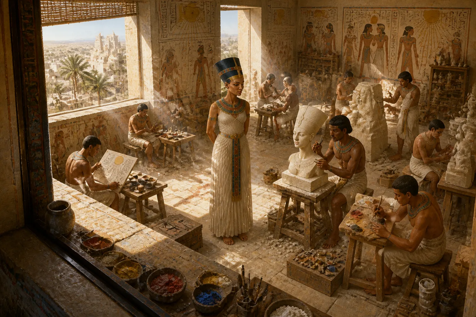 In un laboratorio artistico ad Akhetaten, scultori e pittori si immergono in una creazione innovativa. Sotto il discernente patrocinio di Nefertiti, l'arte si… In un laboratorio artistico ad Akhetaten, scultori e pittori si immergono in una creazione innovativa. Sotto il discernente patrocinio di Nefertiti, l'arte si…
