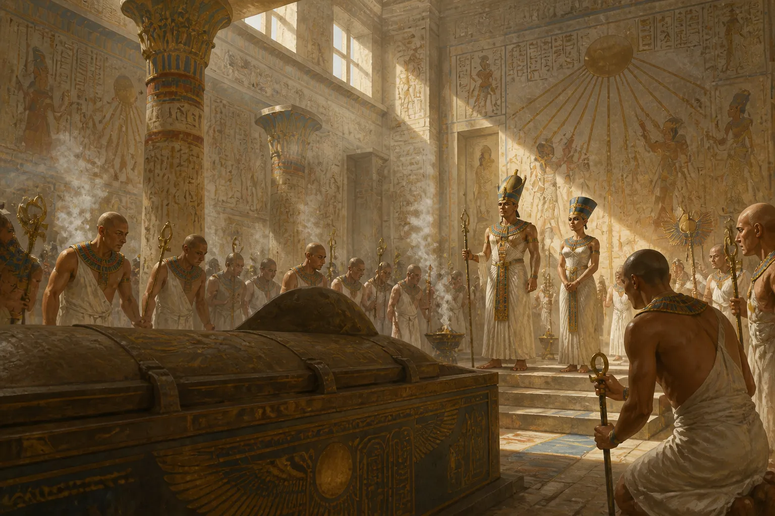 In una vasta sala cerimoniale, i sacerdoti si radunano sotto l'occhio vigile di Nefertiti mentre il culto di Aten trasforma le pratiche religiose. In una vasta sala cerimoniale, i sacerdoti si radunano sotto l'occhio vigile di Nefertiti mentre il culto di Aten trasforma le pratiche religiose.