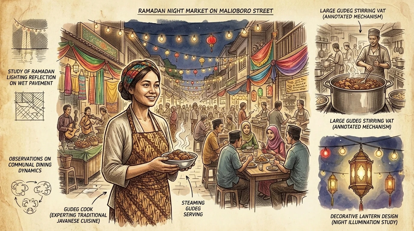 Pendant le Ramadan, la rue Malioboro se transforme en un marché de nuit animé, vibrant des sons de la musique et des arômes de la cuisine de rue. Pendant le Ramadan, la rue Malioboro se transforme en un marché de nuit animé, vibrant des sons de la musique et des arômes de la cuisine de rue.