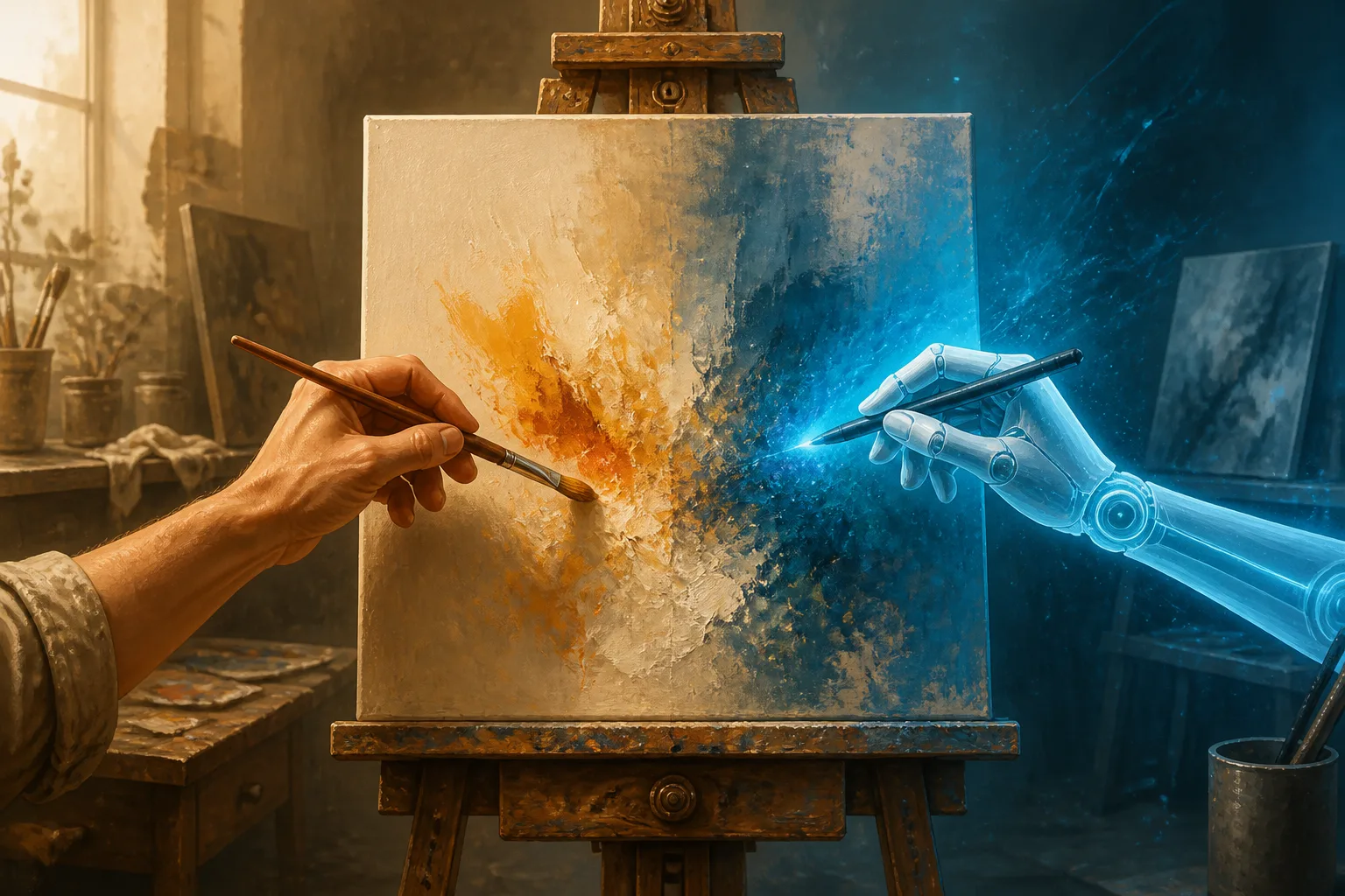 A human hand and a robotic arm simultaneously paint on a canvas on an easel, illustrating AI image copyright.