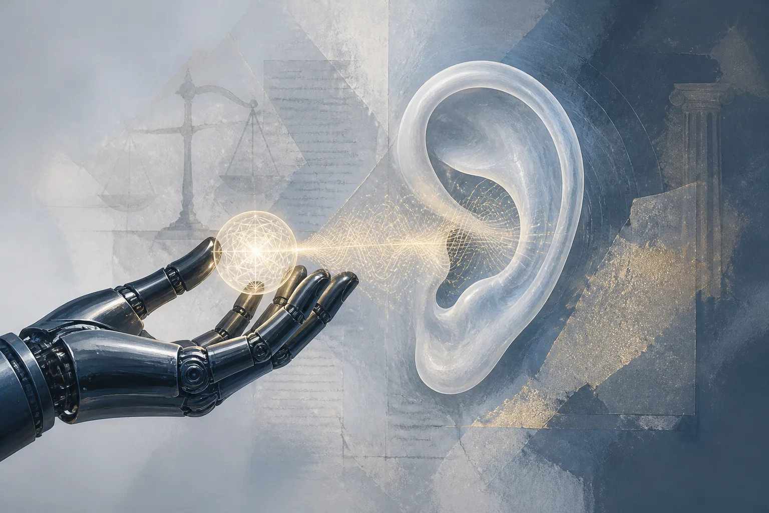 A robotic hand holds a glowing orb emitting artificial sound waves into a translucent human ear, symbolizing AI voices and copyright law.