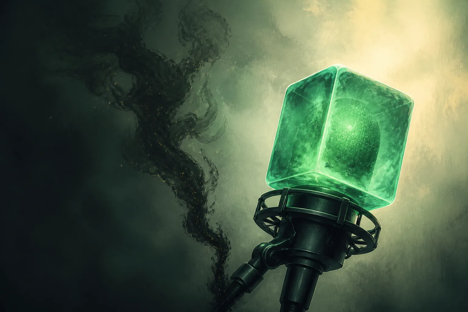 A microphone with a glowing green cube for a head emits a wisp of dark smoke, symbolizing the environmental impact of AI voices.