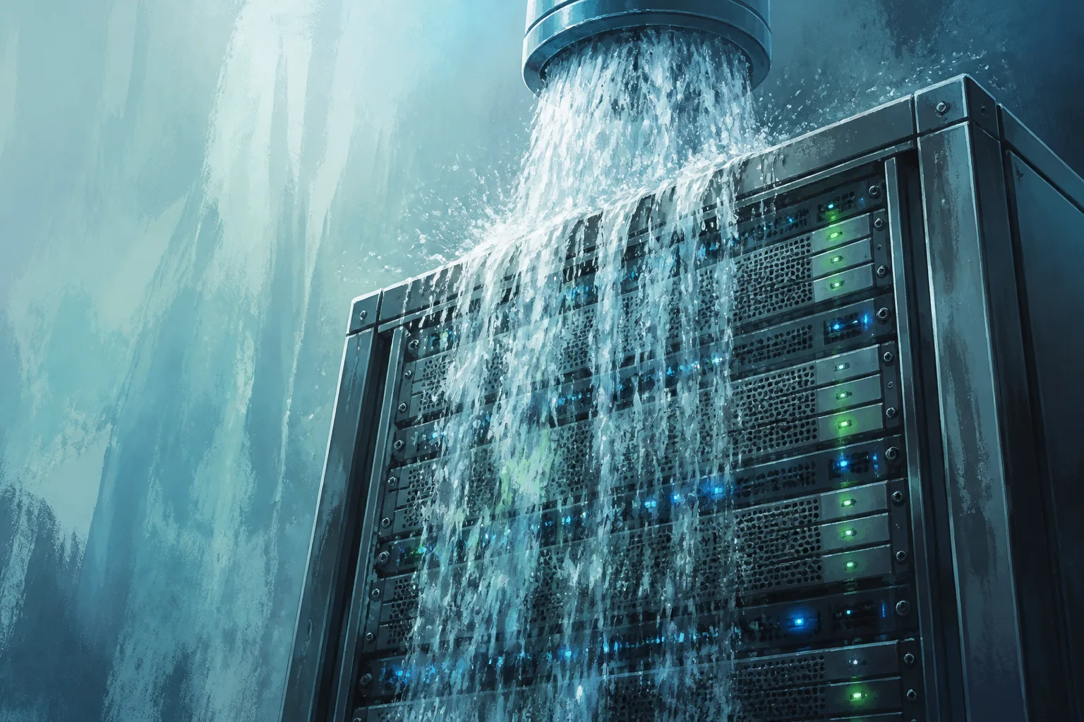 Water pours over a server rack, illustrating the water consumption of AI voice generation.