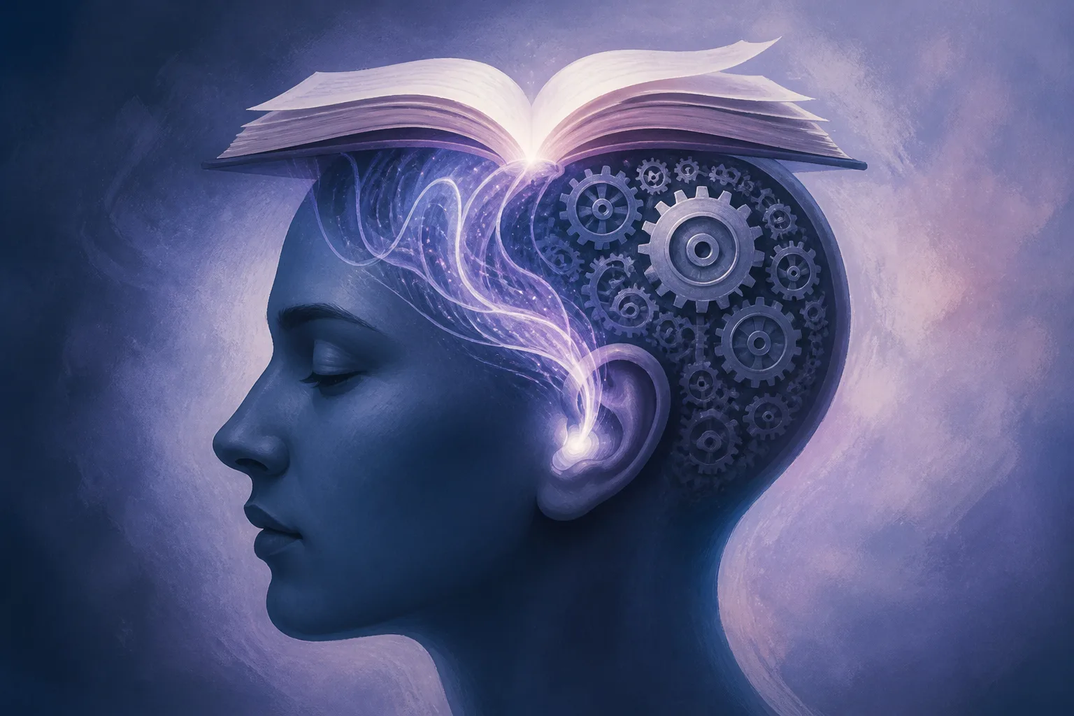 A human head in profile with sound waves from an open book entering the ear, symbolizing the cognitive impact of audiobooks.