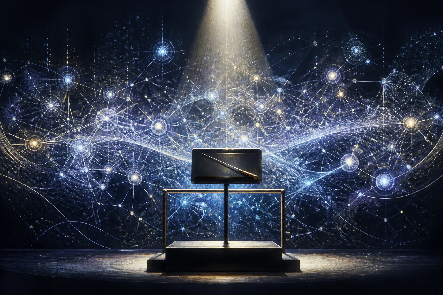 A conductor's baton rests on a podium before an ethereal network of glowing AI processes, illustrating AI direction as a creative job.