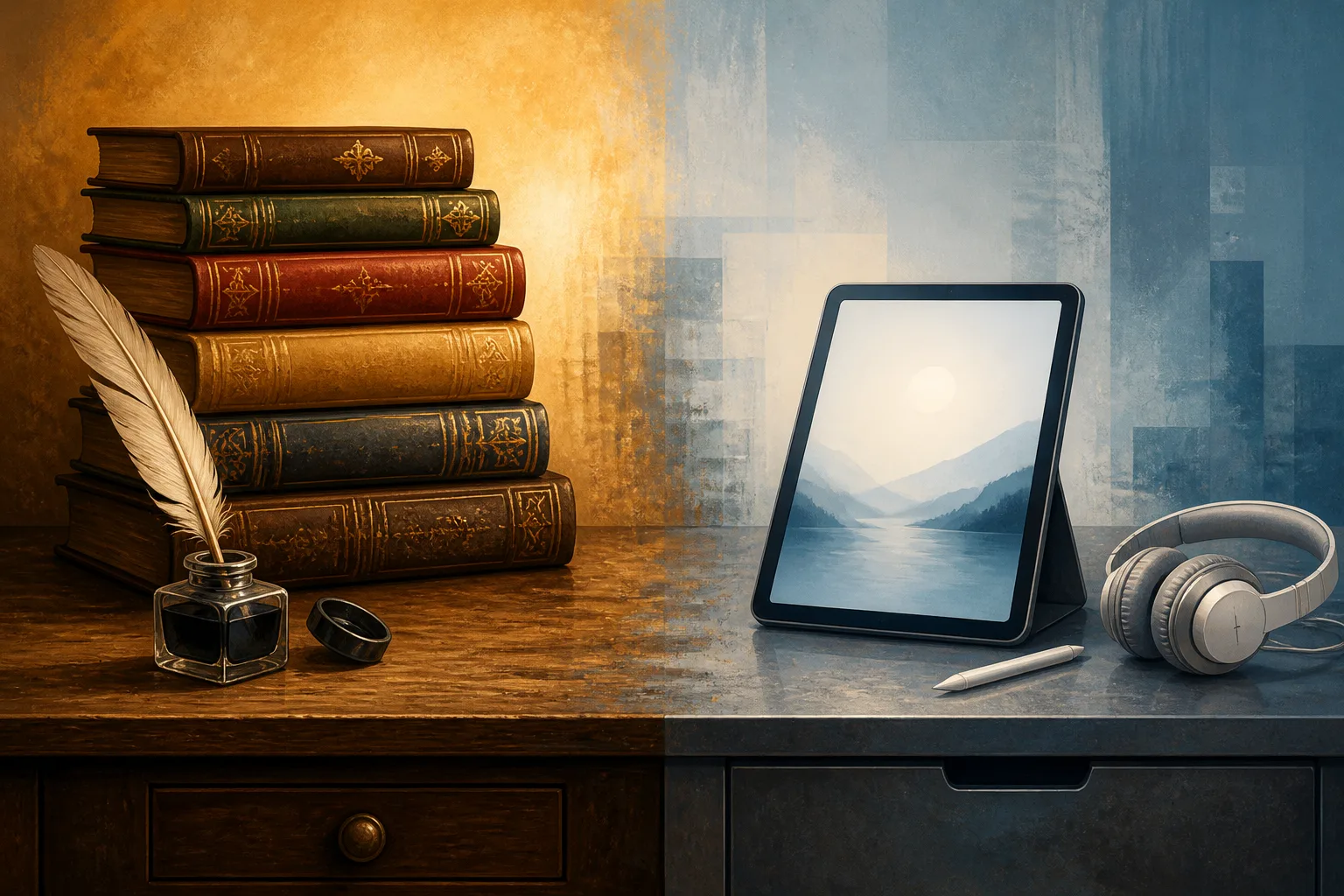 A split image showing traditional books with a quill on one side and a modern e-reader with a stylus on the other.