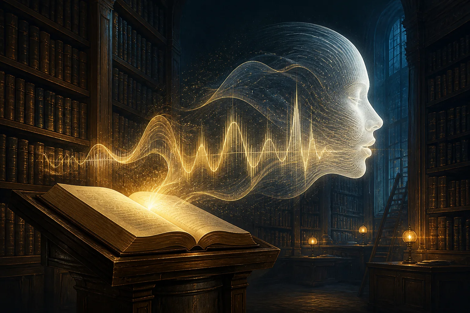 A glowing, ethereal waveform in the shape of a human head emerges from an open book on a lectern in a library.