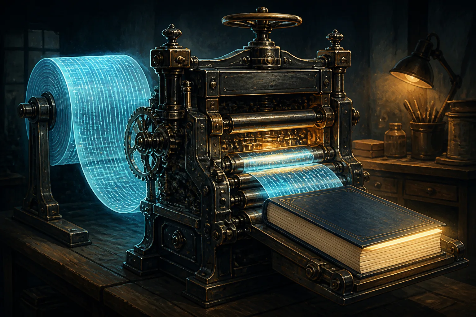 A vintage printing press transforms a shimmering digital data roll into a tangible, bound book, illustrating narrative AI video editors' impact on publishing.
