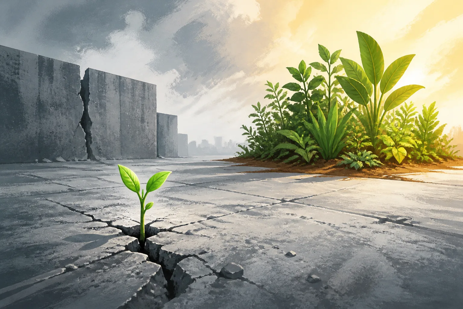 A lone green sprout growing through concrete, while numerous larger plants thrive in fertile soil nearby.
