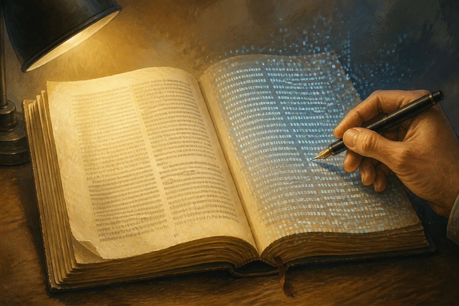 An open dictionary shows traditional text on one page and pixelated text on the other, with a hand poised to edit, illustrating the evolving role of human translators.