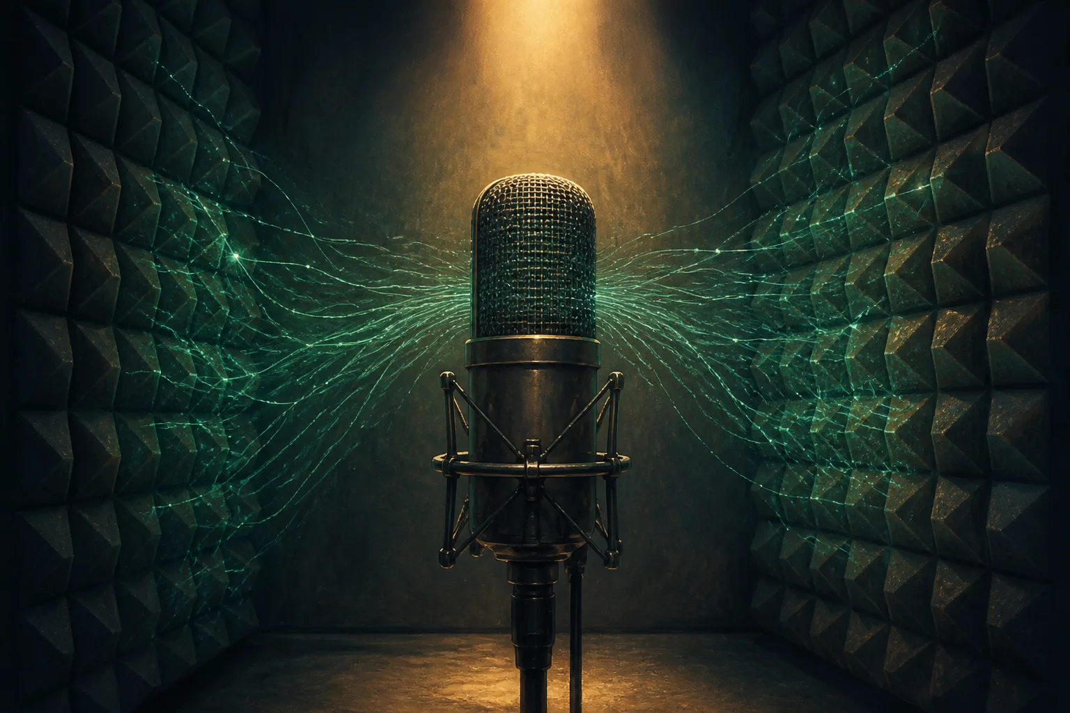 A condenser microphone in a recording booth subtly emits glowing digital code, illustrating AI's role in audiobook narration.