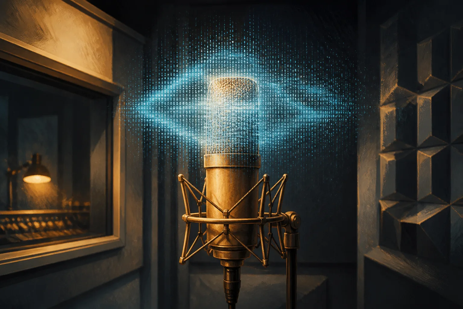 A vintage microphone faces a shimmering cloud of binary code inside a dimly lit recording booth, illustrating AI's impact on voice acting.