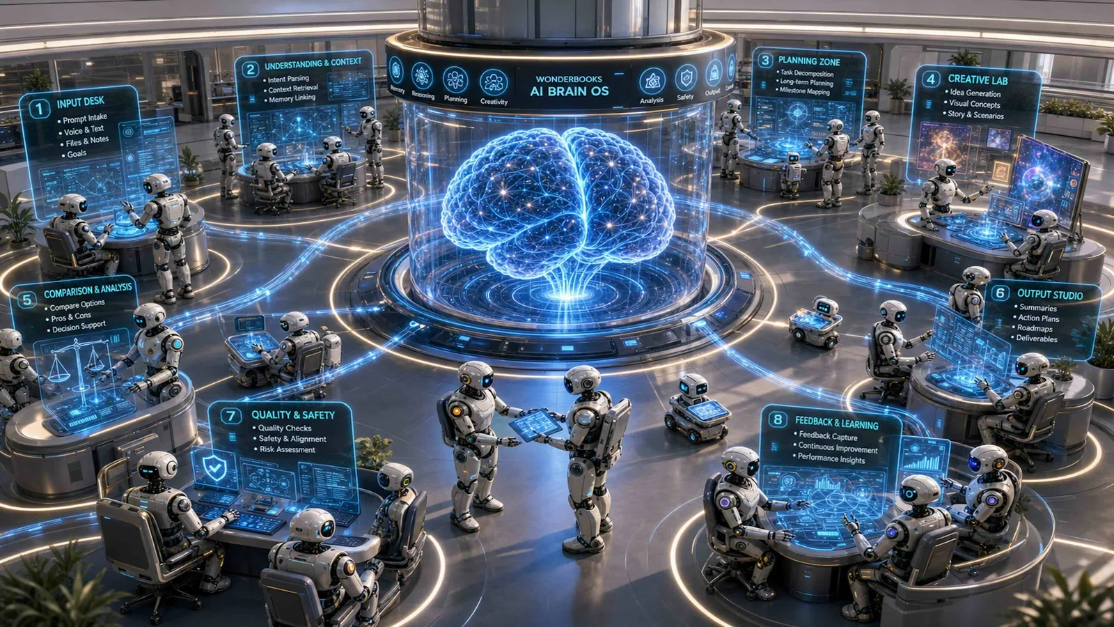 The WonderBooks AI operation: a central reasoning core surrounded by eight working stations — intake, understanding, planning, creative, analysis, output, quality and safety, and feedback